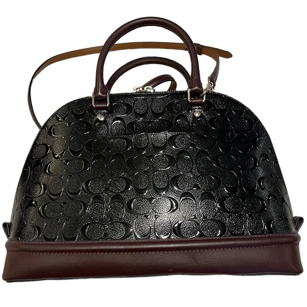 👜♥️ COACH Sierra Leather Satchel Handbag Black/Burgundy/Gold Tone Like New ❤️👜
